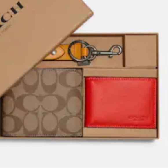 NWT Coach Men’s 3 in-1 Khaki Red Wallet boxed Gift set - Picture 4 of 11